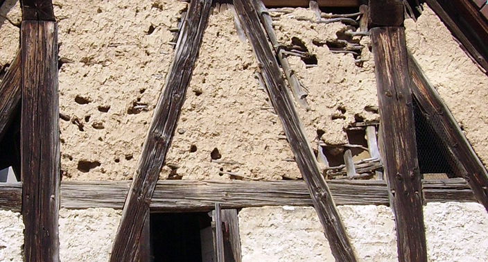 Detail of a building constructed using wattle and daub. The 'White Church' probably looked like this.